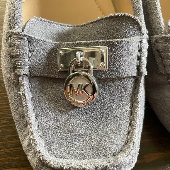 Michael Kors Moccasin Loafers Suede Size 7M Gray Square Toe Padlock Logo - Picture 3 of 8